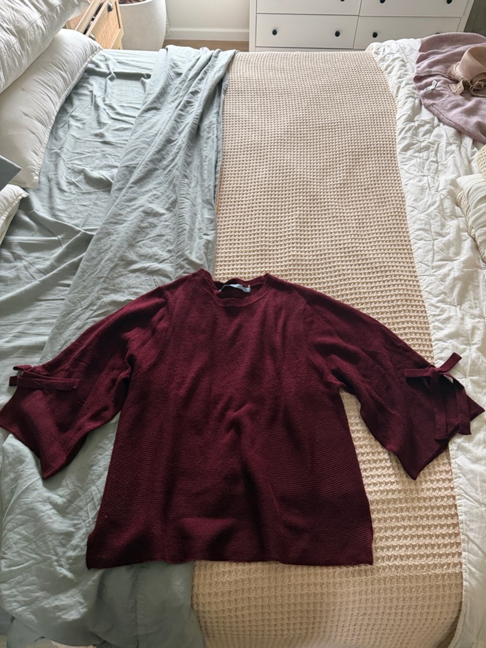 Burgundy Knit Sweater with Tie Sleeve Detail